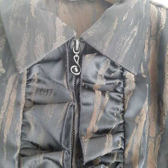 SAMUEL DONG Ruffle Front & Hem Zip-Up Front Blazer Black & Brown Abstract Sz XXS - Picture 8 of 16